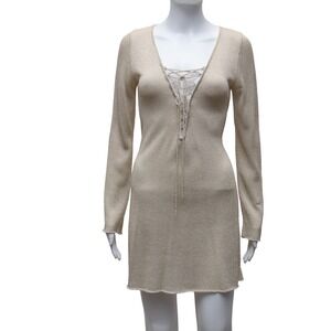 VIX Metallic Knit Lace-Up Mini Dress Gold Shimmer Size M